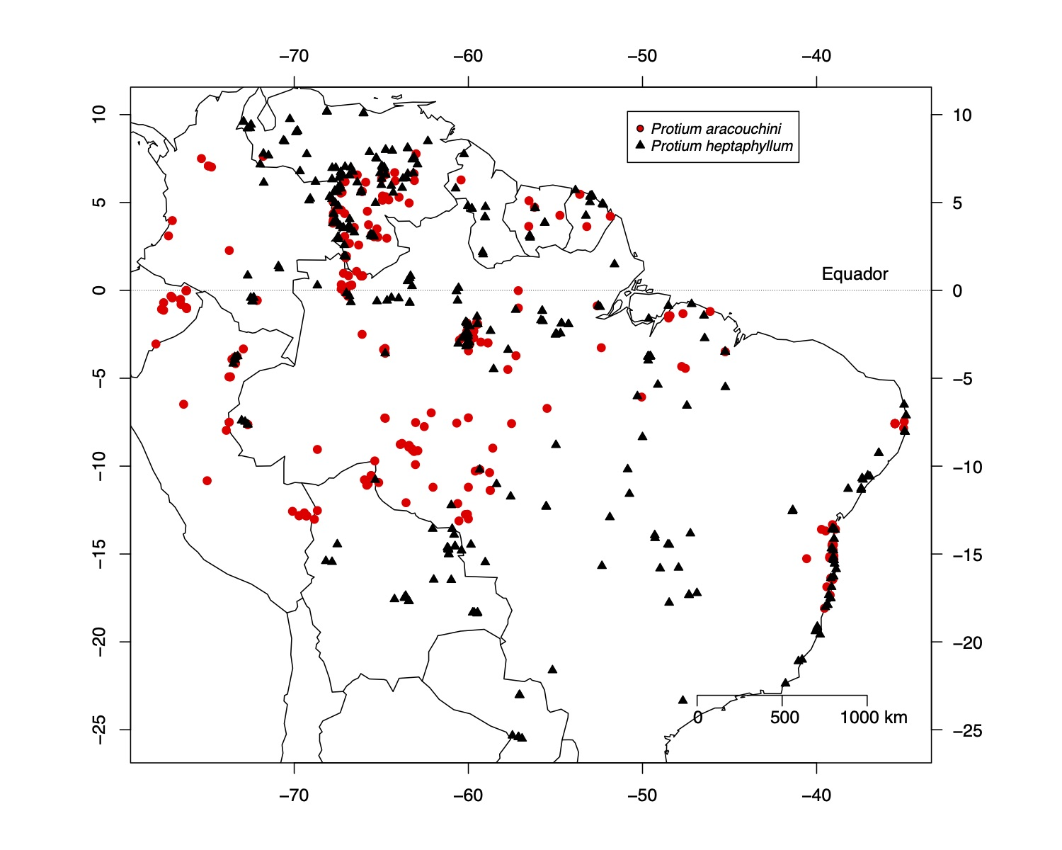 Distribuição geográfica de *Protium aracouchini* (Aubl.) Marchand e *P. heptaphyllum* (Aubl.) Marchand segundo dados do herbário do Jardim Botânico de Nova Iorque (NYBG). Dados já desatualizados, baixados em 2015 da base de dados do NYBG.